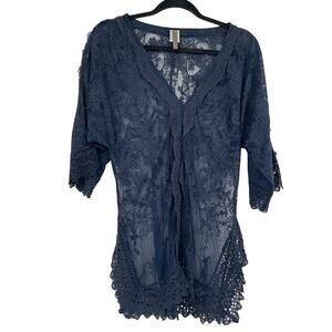 XCVI Blue Lace Short Sleeve Sheer Swimsuit Coverup Tunic S Floral Embroidery